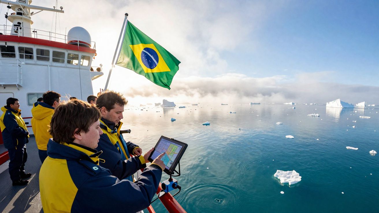 Equipe em navio brasileiro com tablet na mão observa icebergues em mar calmo com céu claro.