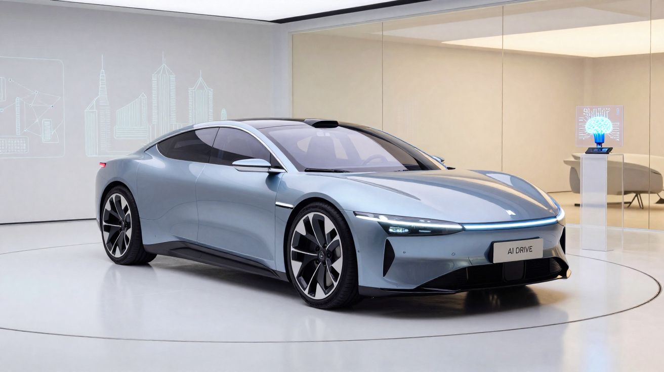 Carro elétrico esportivo prata estacionado em ambiente moderno e minimalista com tecnologia ao fundo.