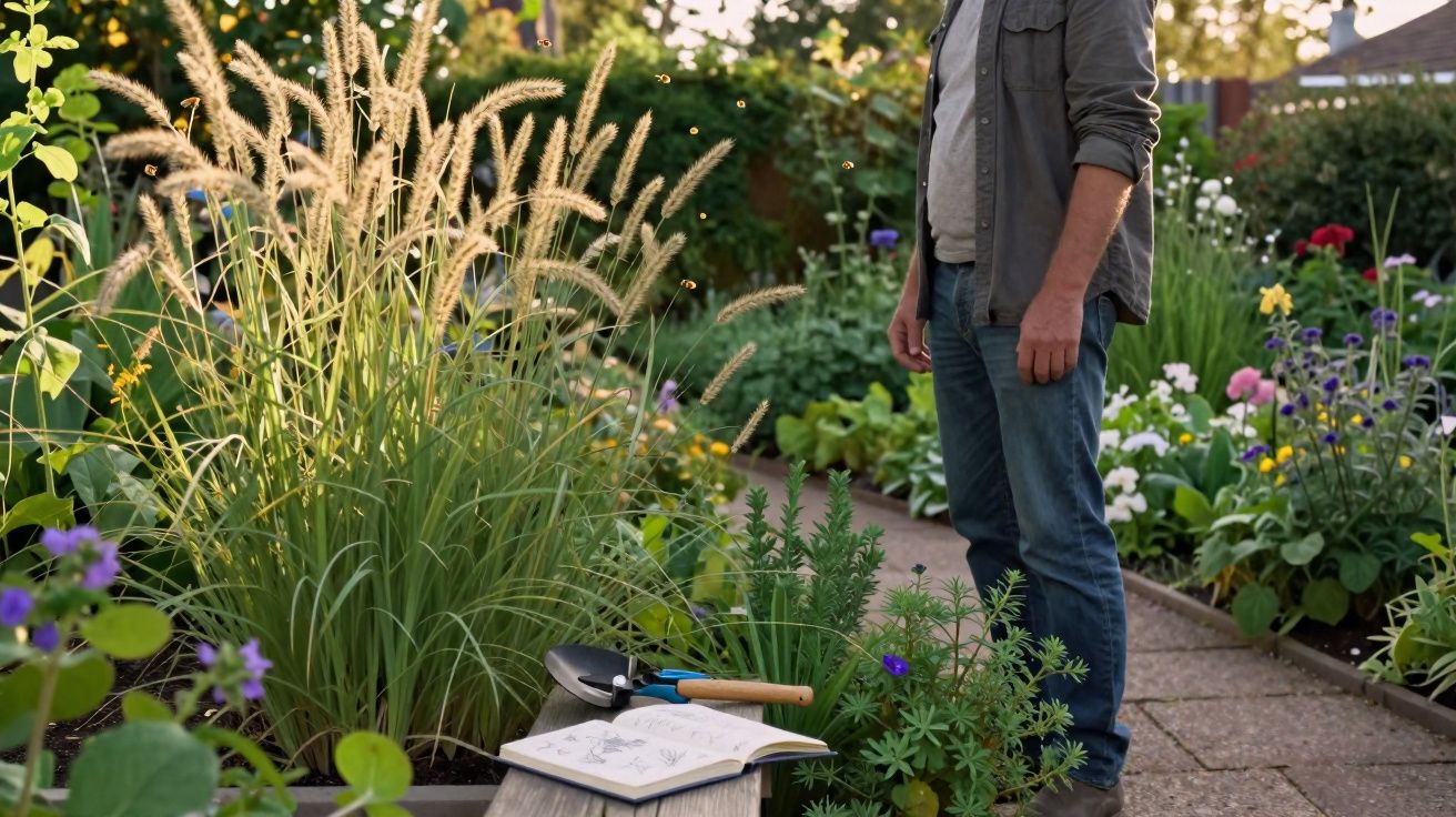 Homem observando plantas em jardim florido ao entardecer com ferramentas e caderno abertos.