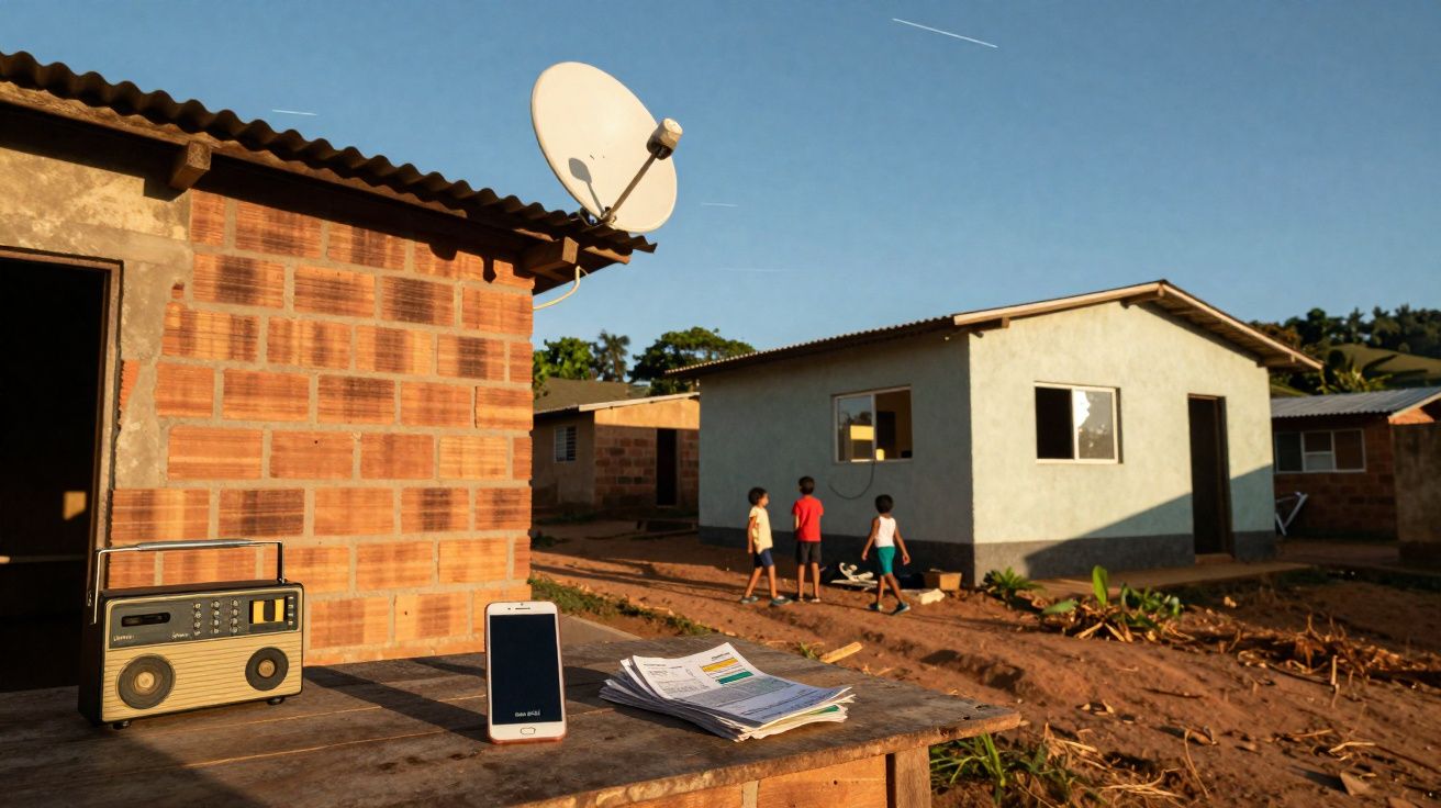 Rádio, celular e documentos sobre mesa em área rural com casas simples e três crianças caminhando ao fundo.