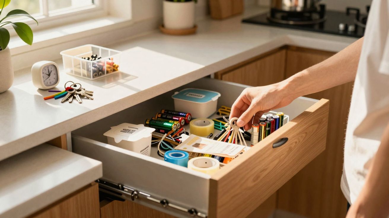 Pessoa organizando itens diversos como pilhas, chaves e fitas em gaveta de cozinha iluminada pela luz natural.