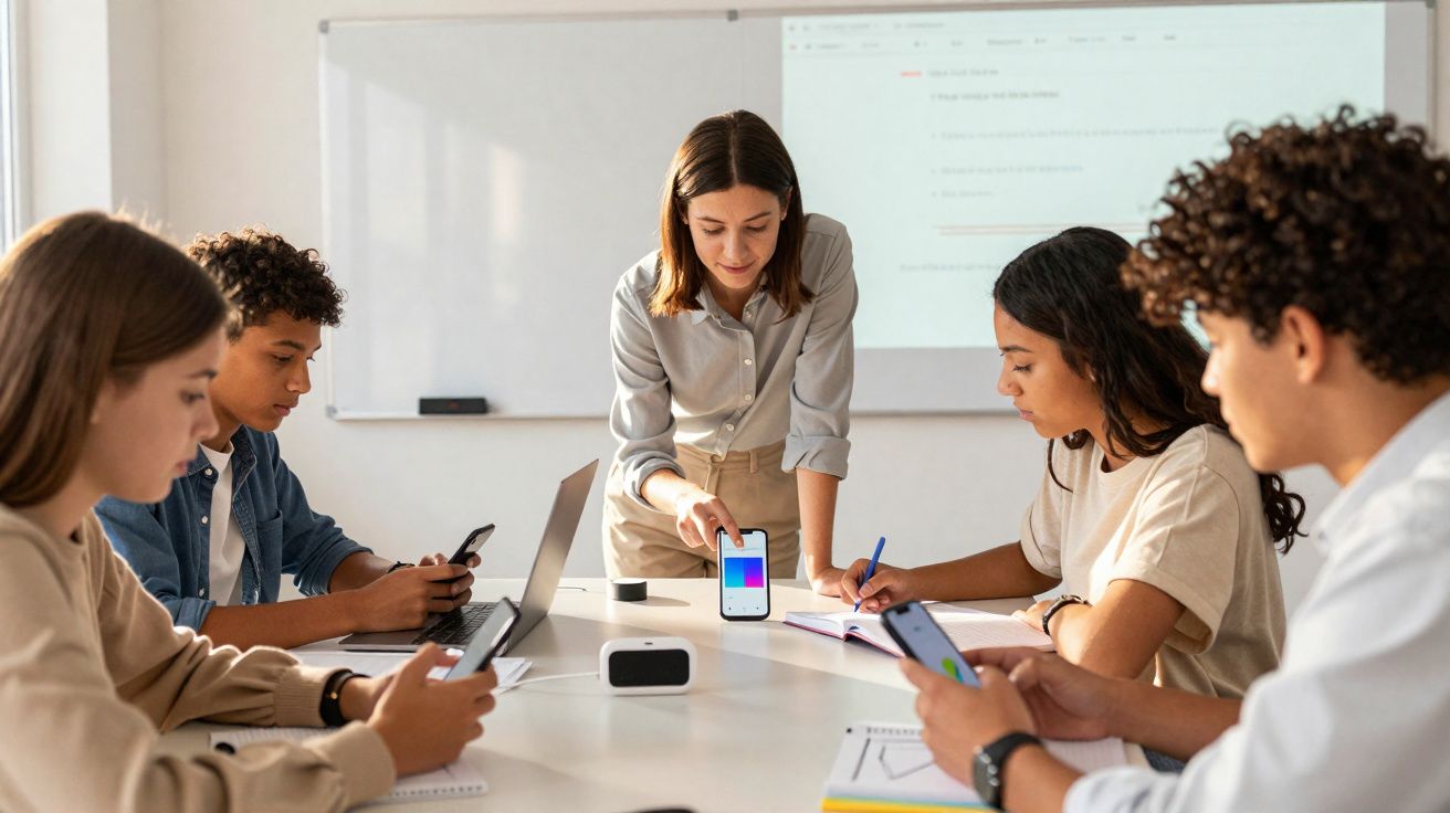 Professora e alunos com celulares e laptops em mesa, durante aula ou reunião em ambiente moderno.