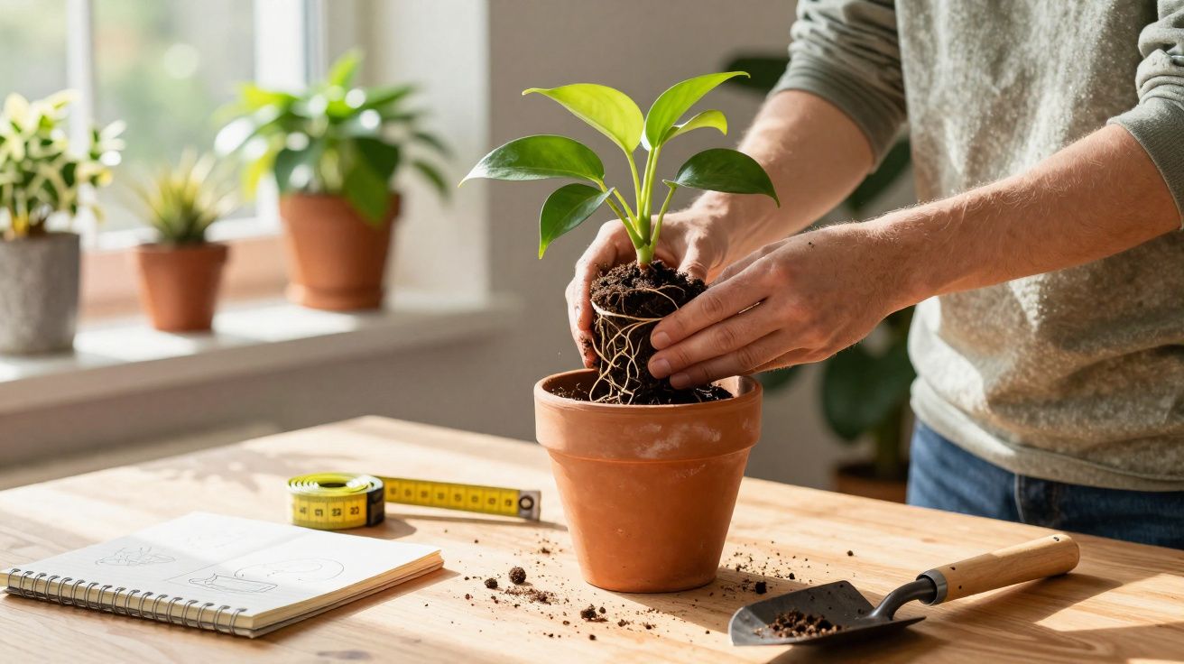 Pessoa transplantando muda em vaso de barro sobre mesa com ferramentas e plantas ao fundo.