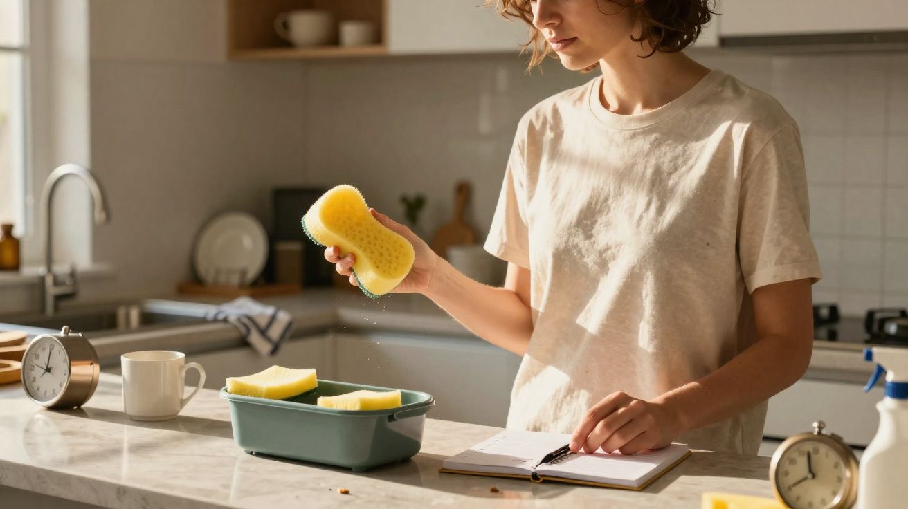Pessoa segurando esponja amarela na cozinha, anotando em caderno sobre bancada de mármore.