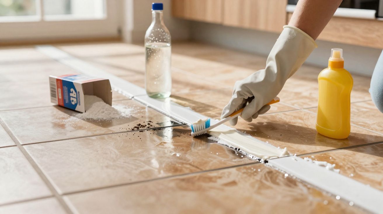 Pessoa usando luva limpa rejunte de piso cerâmico com escova e produtos de limpeza no chão.