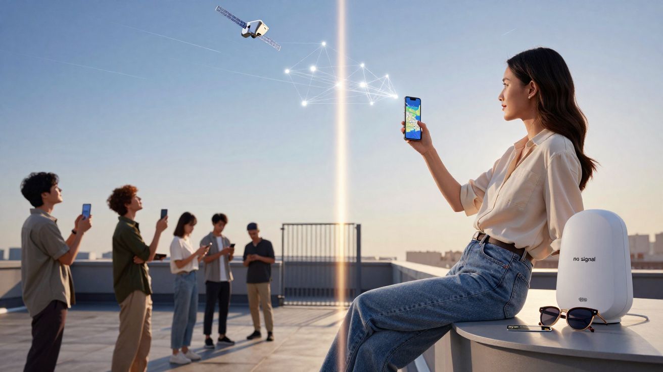 Jovens usando smartphones no terraço com conexão via satélite ilustrada entre eles e aparelho na mesa.