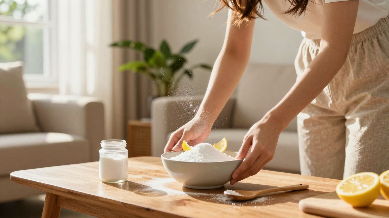 Pessoa ajustando tigela com açúcar e pedaços de limão sobre mesa de madeira em sala iluminada.