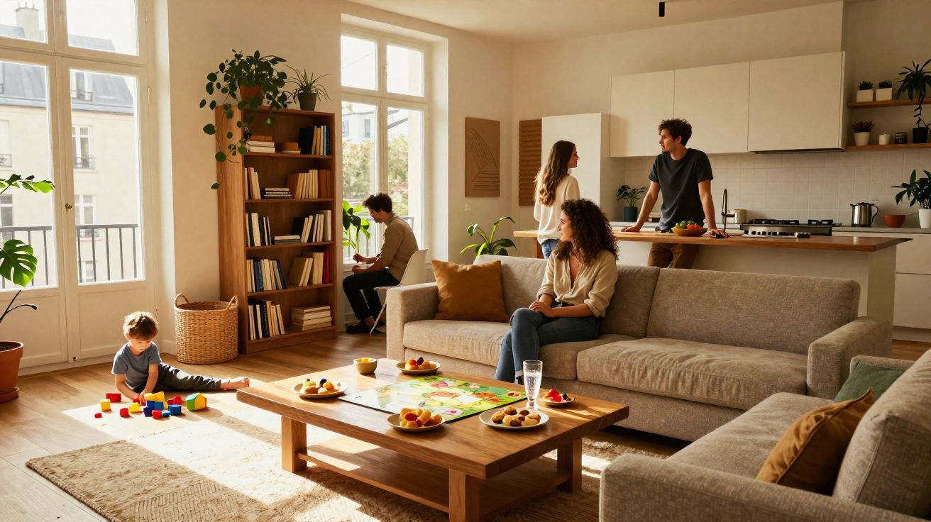 Sala de estar iluminada com quatro pessoas, criança brincando no chão e casal conversando na cozinha ao fundo.