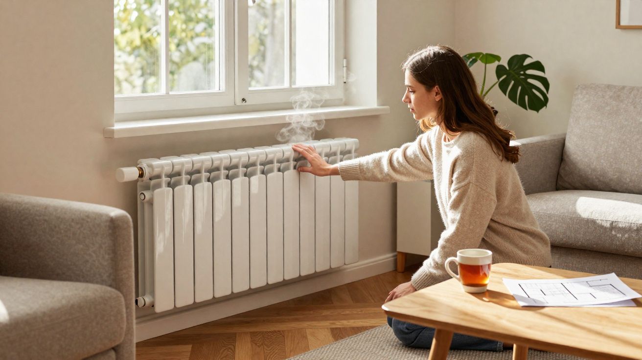 Jovem tocando aquecedor branco quente próximo à janela em sala de estar com sofá e mesa.