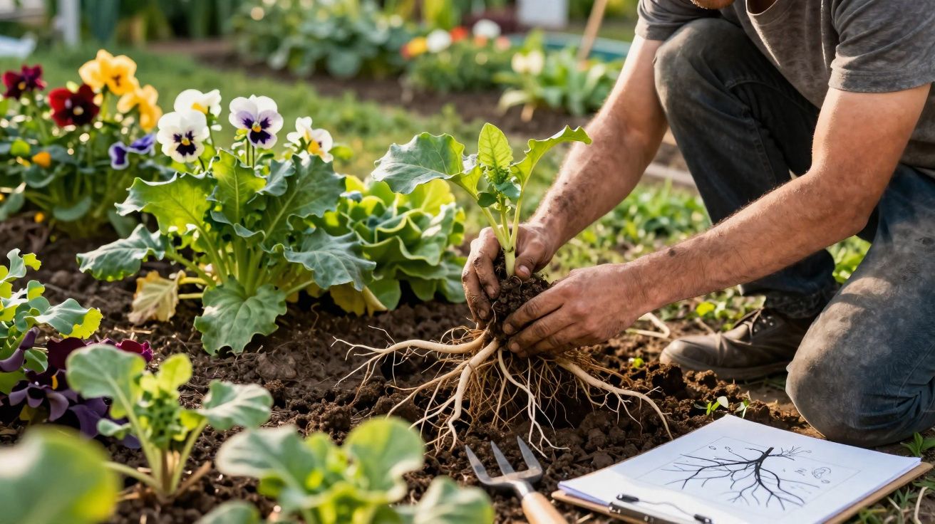 Pessoa transplantando muda com raízes expostas em jardim florido, ao lado de caderno com desenho de raízes.
