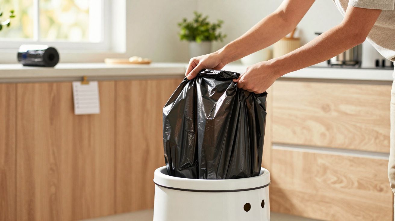 Pessoa descartando saco de lixo preto em lixeira branca em cozinha com armários de madeira clara.