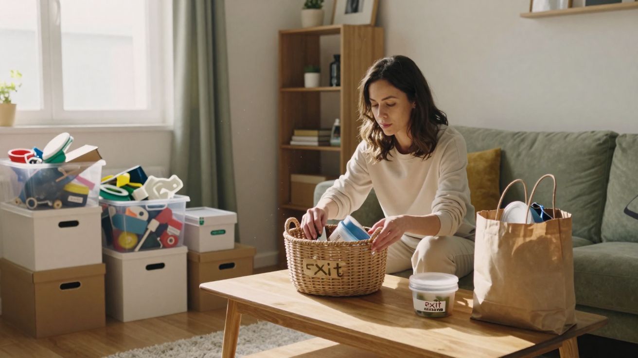 Mulher organizando objetos em cesta de vime em sala com caixas e sofá verde ao fundo.