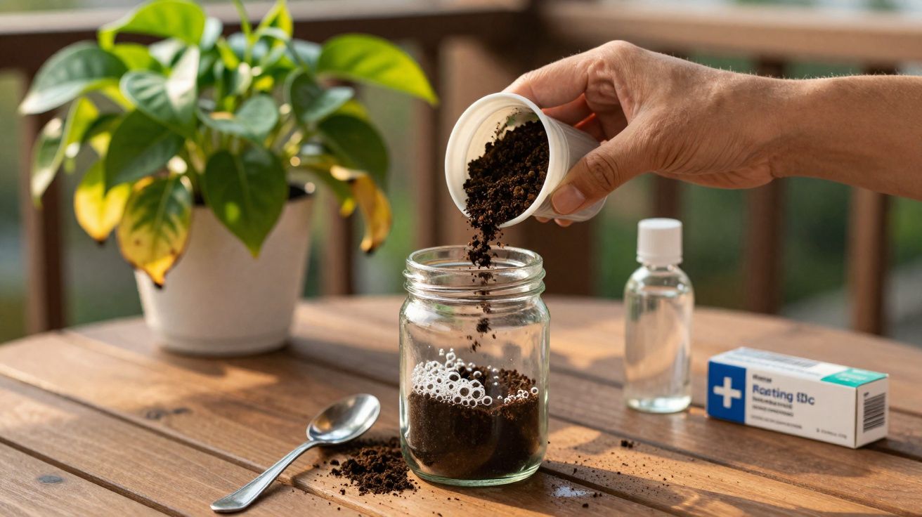 Pessoa colocando terra em pote de vidro sobre mesa de madeira com planta, colher e medicamentos ao fundo.
