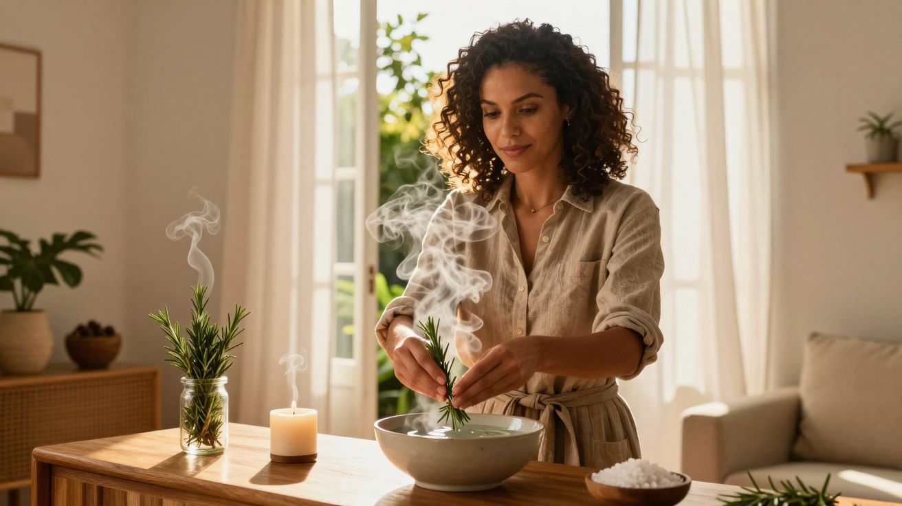 Mulher preparando banho aromático com ervas em ambiente iluminado e decorado com plantas.