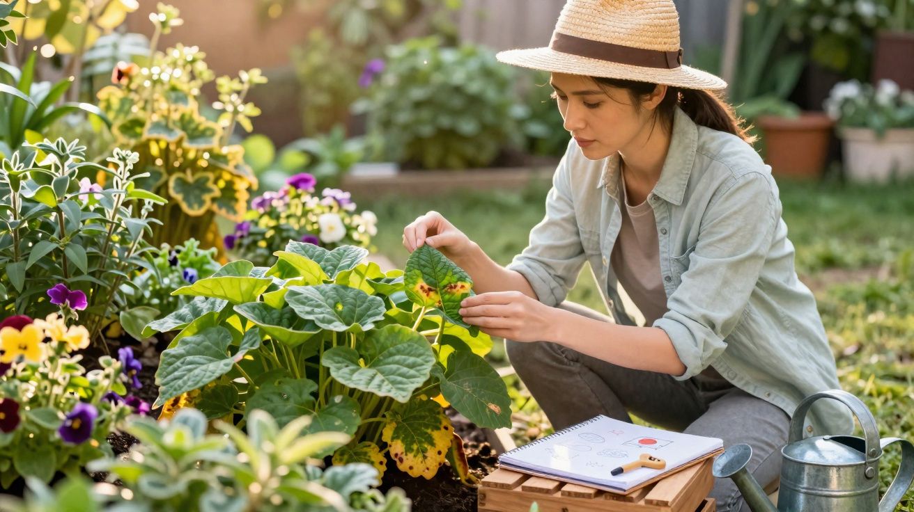 Jovem mulher usando chapéu cuida de plantas em jardim ensolarado com regador e caderno ao lado.