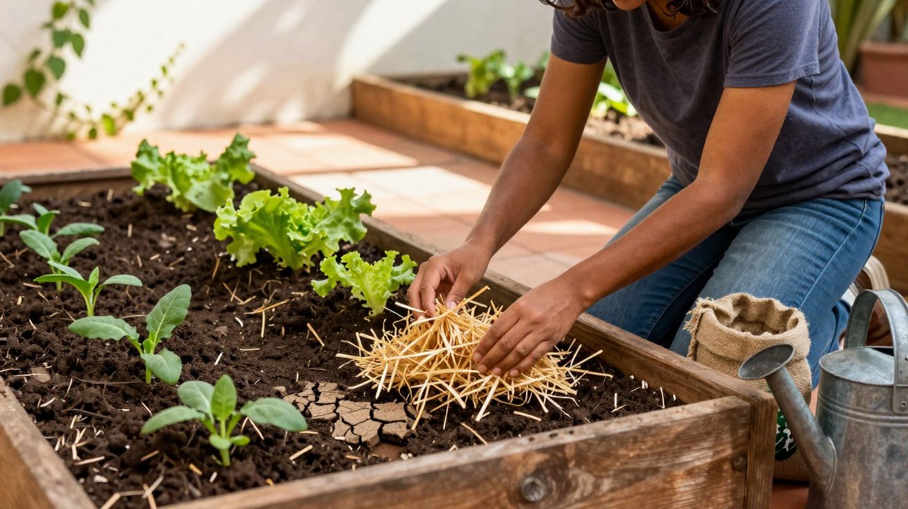 Pessoa cuidando de plantas em horta elevada, colocando palha seca no solo próximo a alfaces e outras mudas.