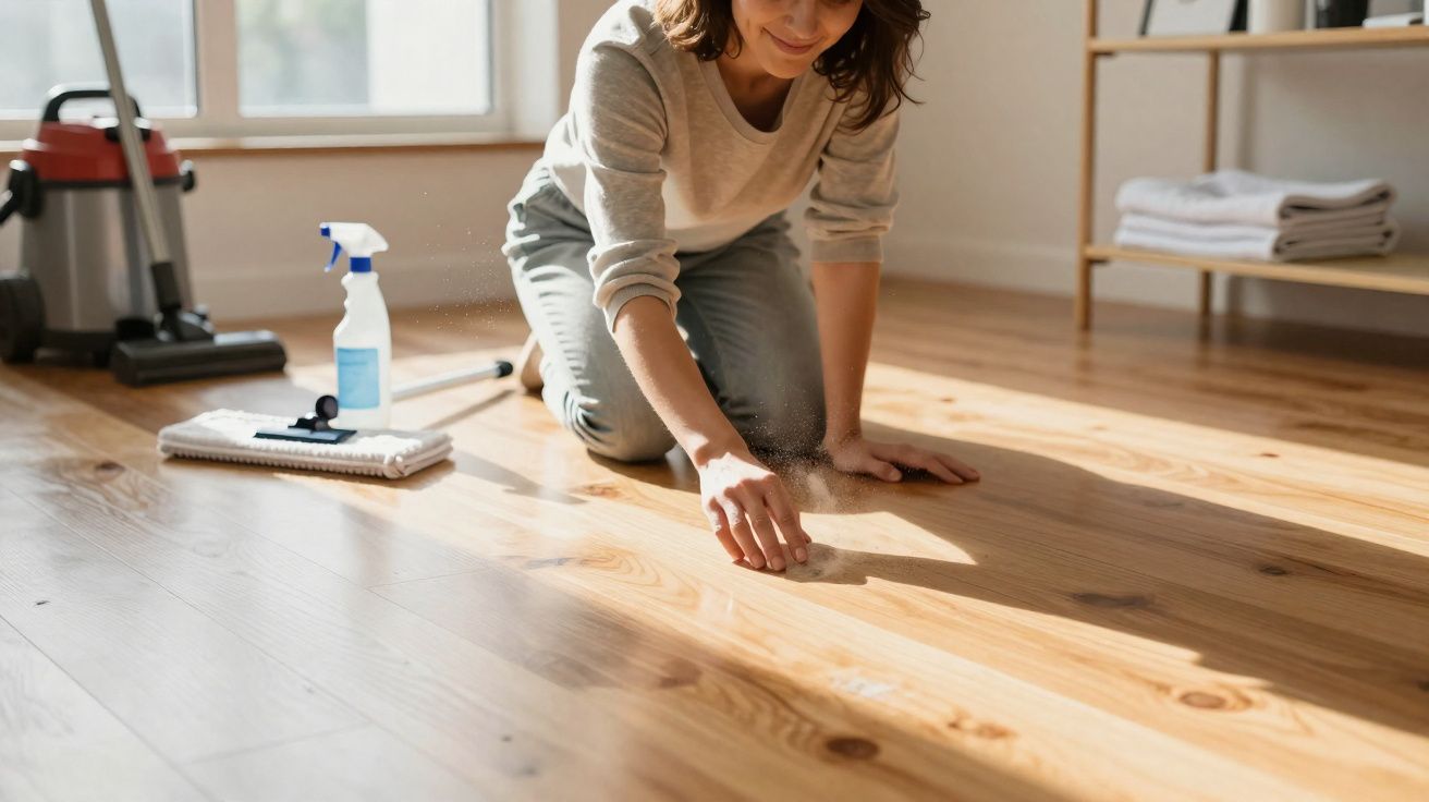 Mulher ajoelhada limpando poeira do chão de madeira em ambiente iluminado por luz natural.
