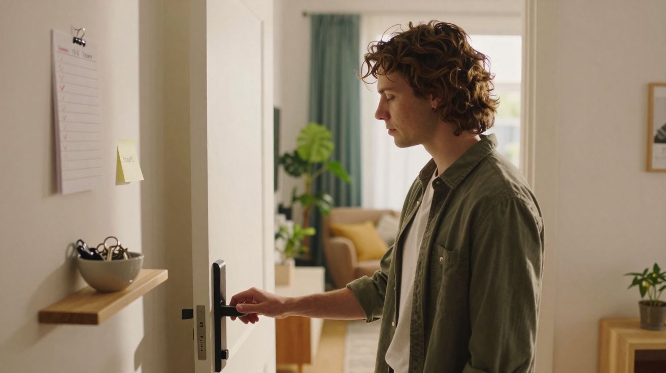 Homem com camisa verde abrindo a porta de uma casa com sala iluminada ao fundo.