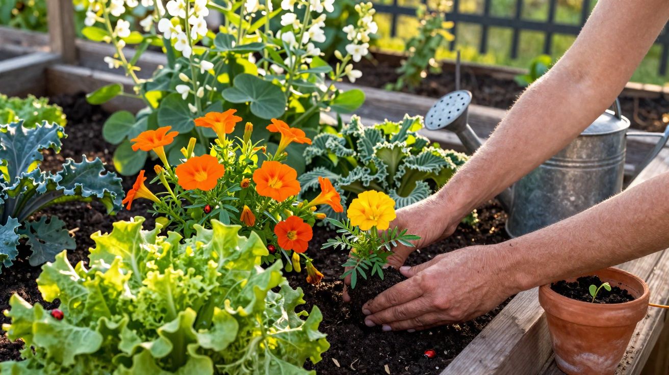 Mãos plantando flor amarela em jardim com flores, alface e regador de metal ao fundo.