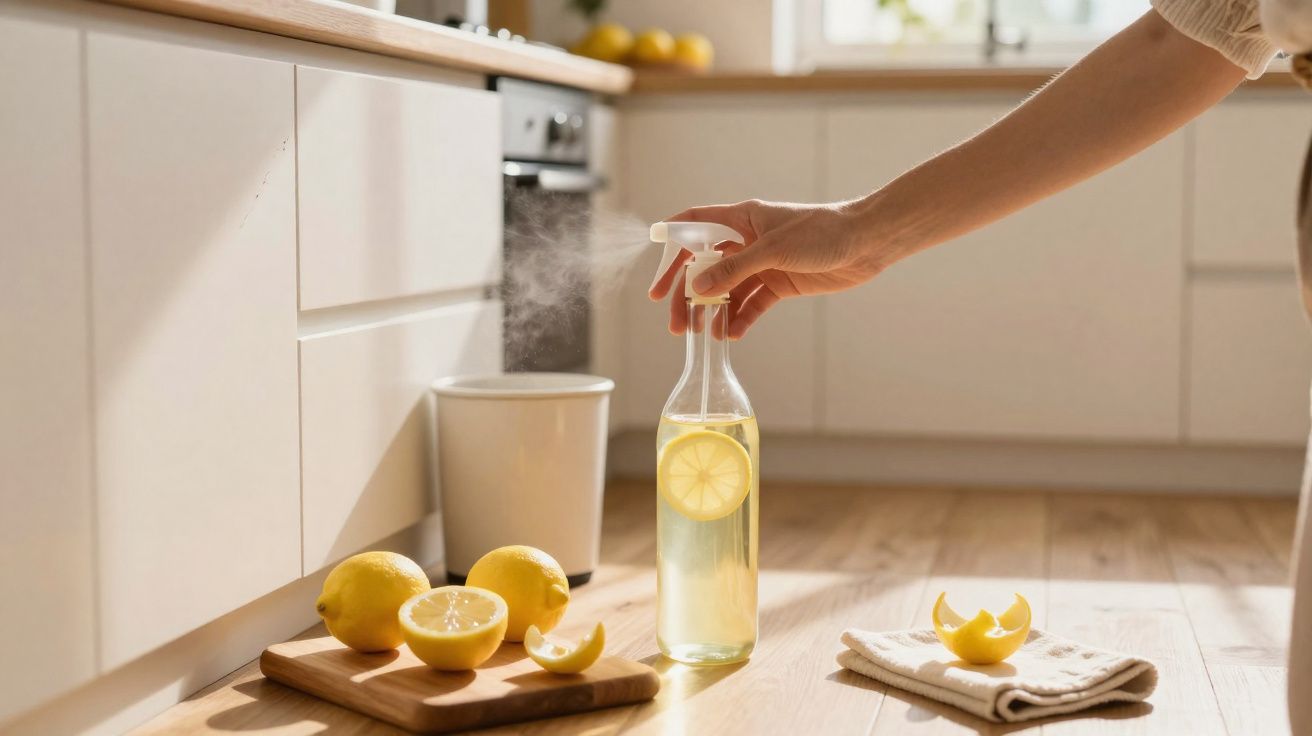 Mão borrifando solução caseira de limpeza com limão na cozinha iluminada pelo sol.