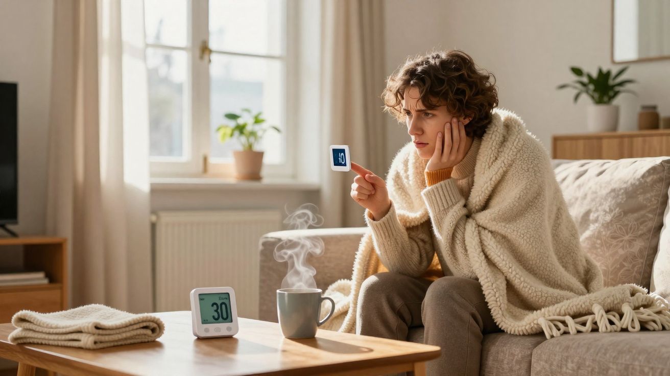 Pessoa coberta com manta sentada no sofá segurando termômetro digital, com xícara fumegante e medidor de umidade na mesa.