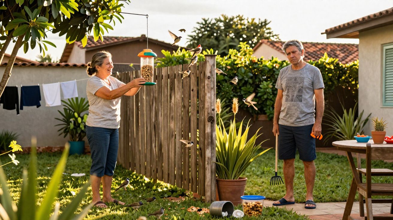 Casal em jardim, mulher pendura comedouro e pássaros voam, homem observa segurando ferramenta de jardim.