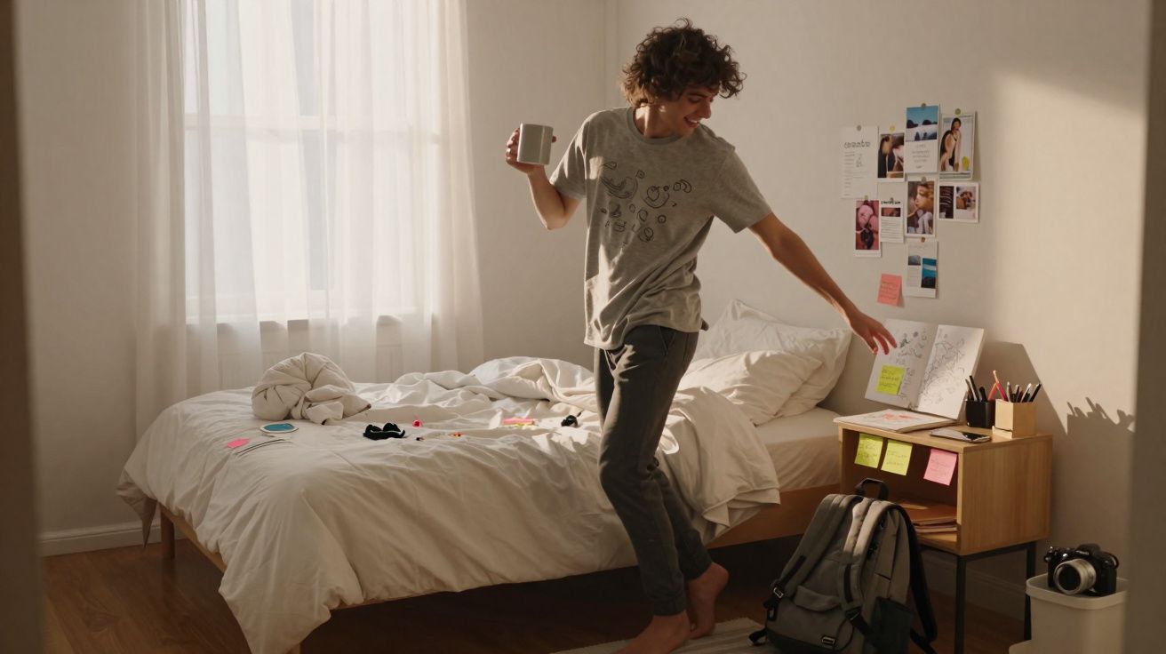Pessoa sorridente segurando uma caneca em quarto iluminado, com cama, mochila e fotos na parede.