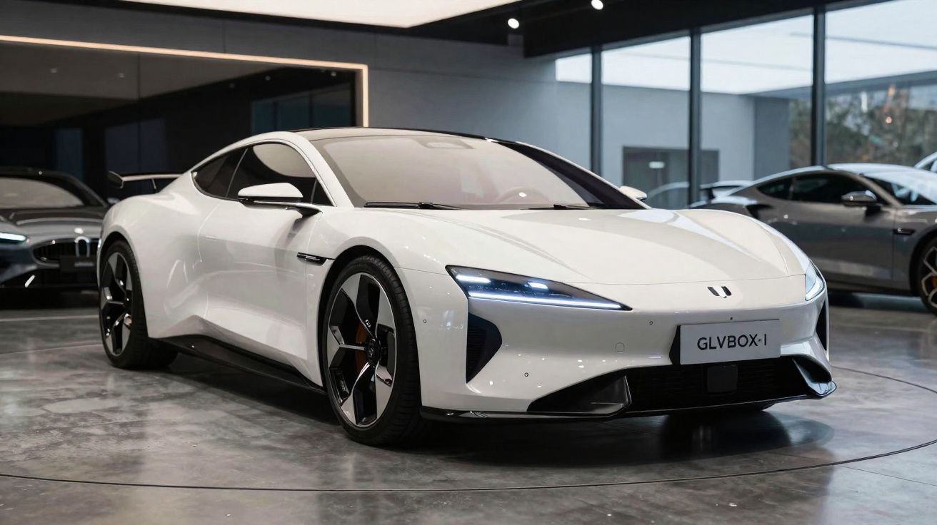 Carro elétrico esportivo branco GLVBOX-I em exibição dentro de showroom moderno.