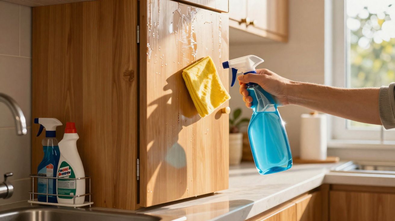 Pessoa limpando armário de madeira na cozinha com spray azul e pano amarelo.