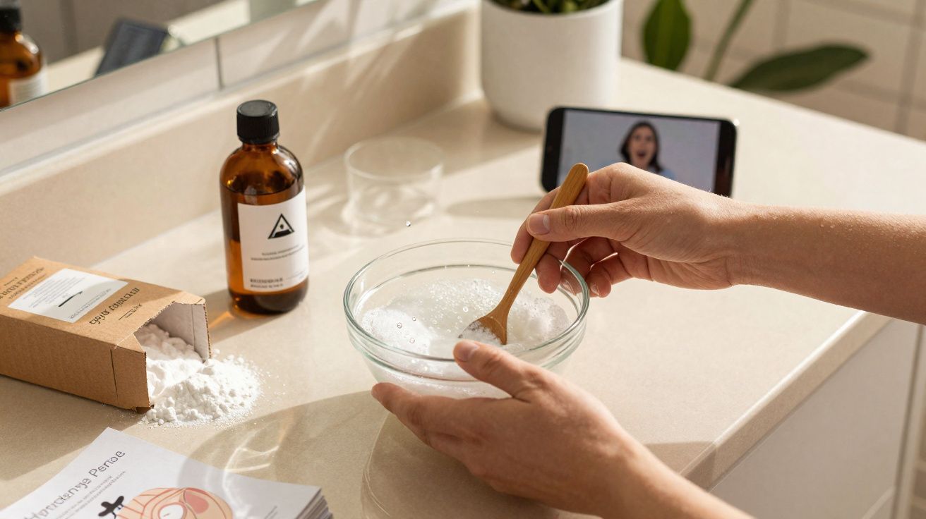 Pessoa misturando ingredientes em uma tigela de vidro sobre bancada de banheiro, com celular e produtos próximos.