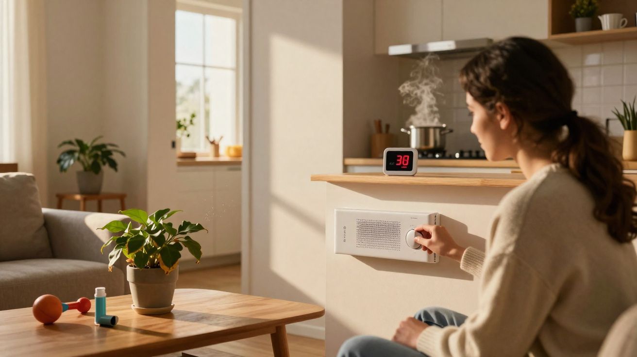 Mulher ajusta aquecedor de parede em sala iluminada, com planta e objetos sobre mesa de madeira.