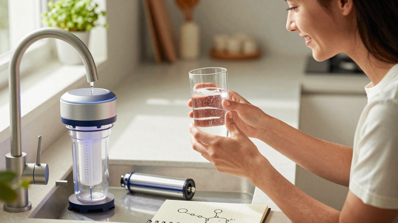 Mulher segurando copo de água filtrada em cozinha, com filtro de água moderno na torneira.