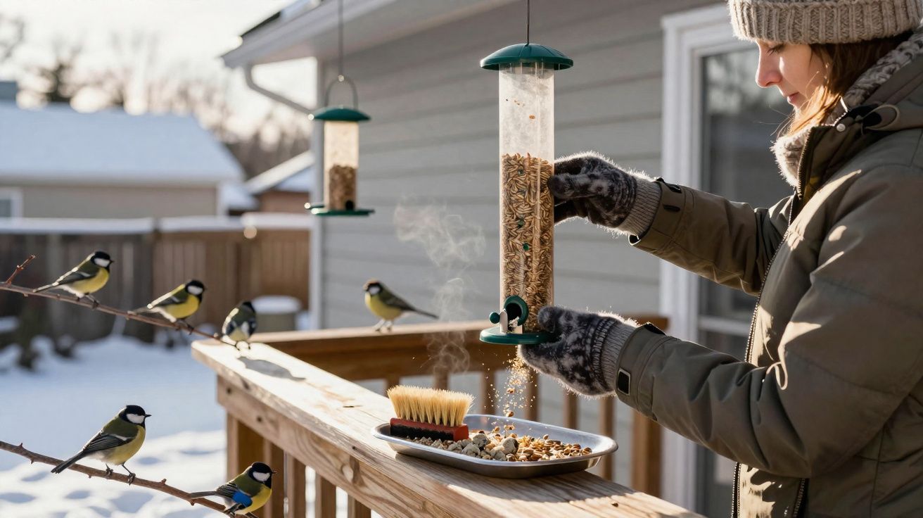 Pessoa alimentando pássaros em um comedouro pendurado, com pássaros pousados em galhos e em uma varanda com neve.