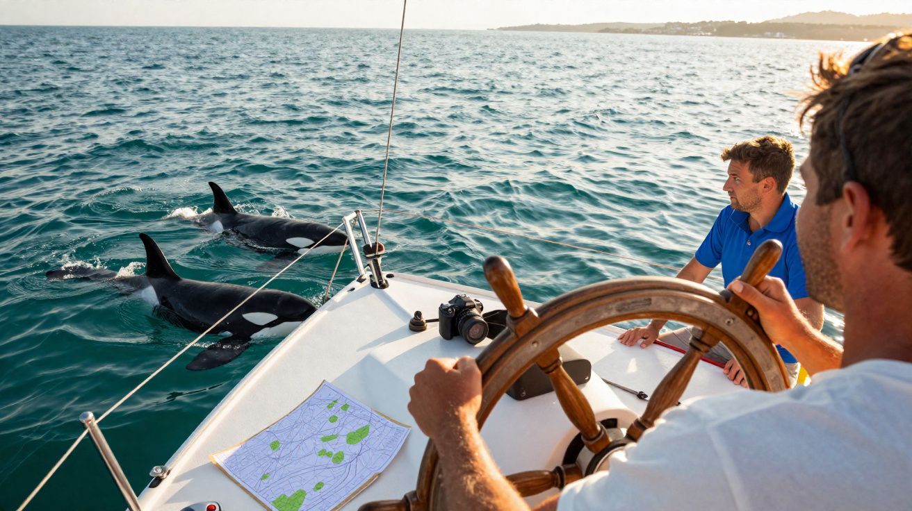 Duas pessoas em um barco observando duas orcas nadando próximo à embarcação no mar.