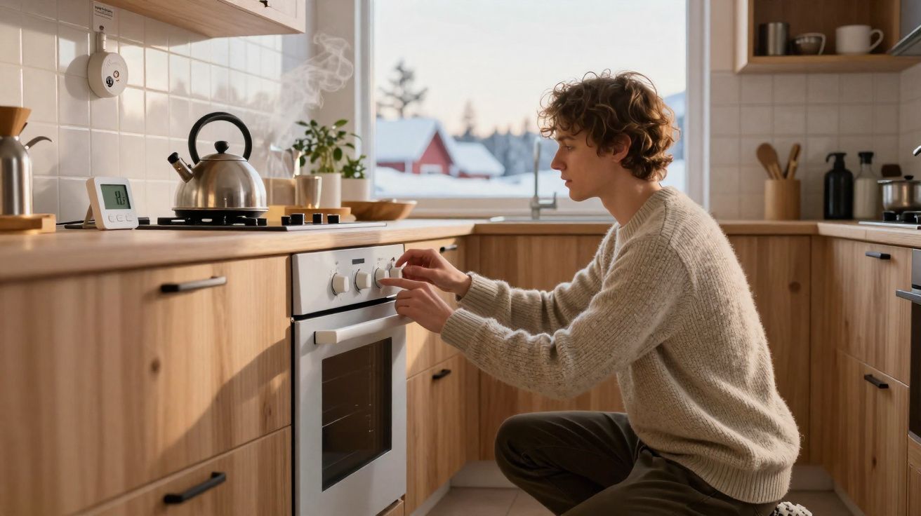Pessoa ajusta forno em cozinha moderna de madeira com chaleira fumegante no fogão.