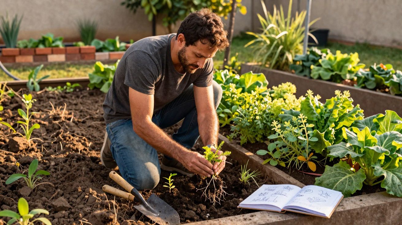 Homem plantando mudas em horta urbana com regador e livro de instruções ao lado.