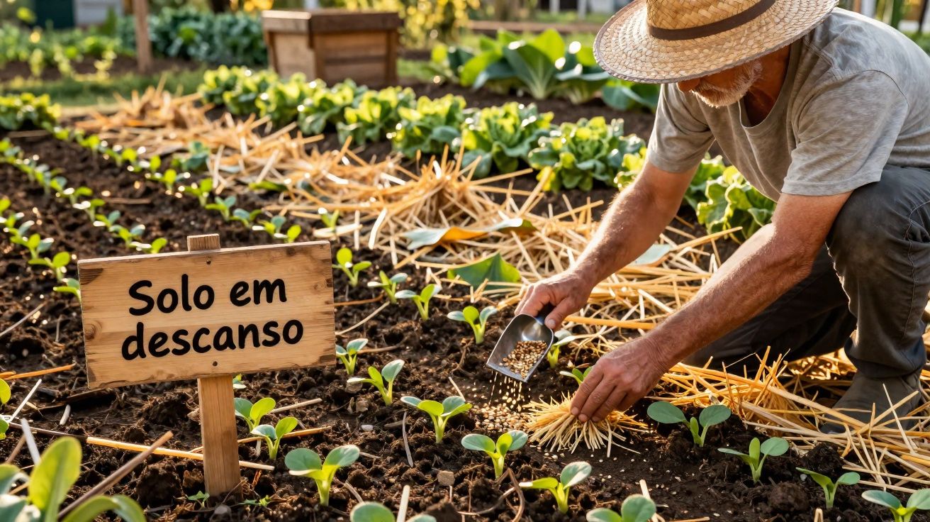 Homem com chapéu cuidando de mudas em canteiro com placa escrito solo em descanso.
