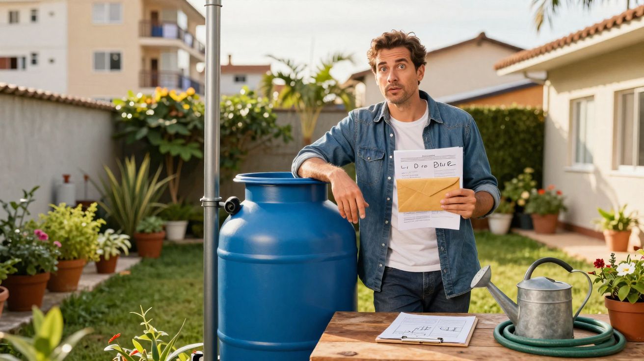 Homem em jardim com balde azul e papel na mão, ao lado de regador e mangueira sobre mesa de madeira.
