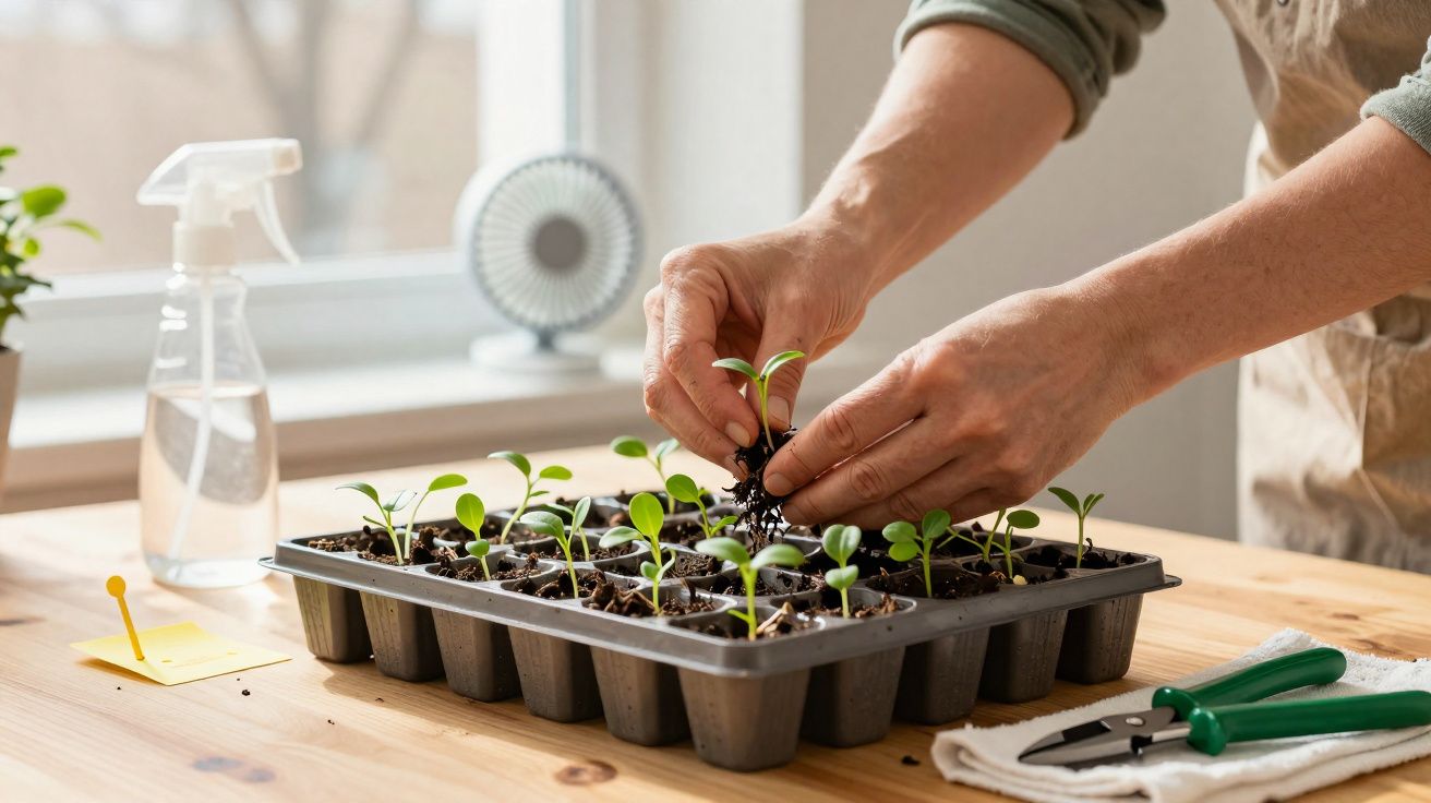 Mãos transplantando mudas verdes em bandeja de cultivo dentro de casa, com regador e tesoura ao lado.