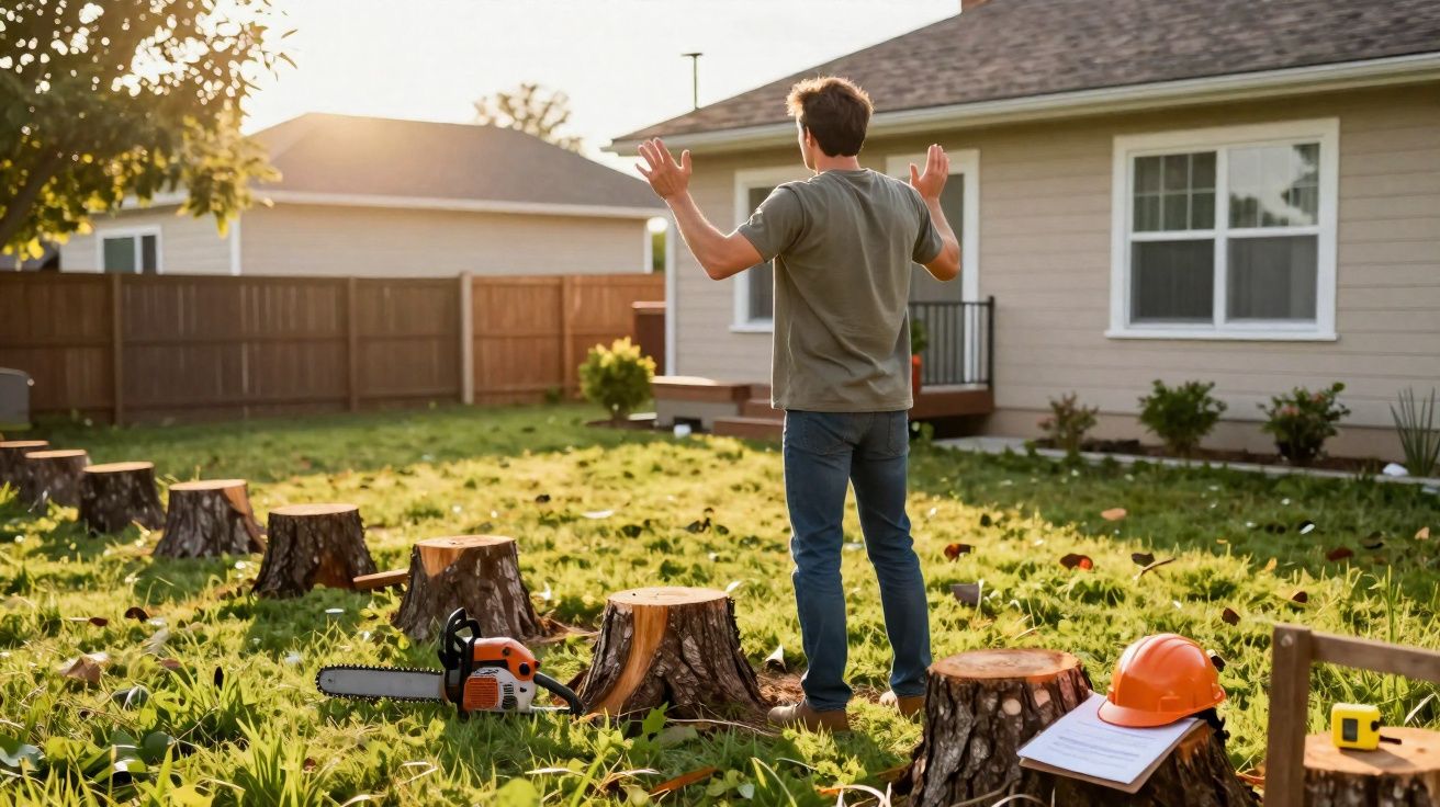 Homem de costas observa árvores cortadas no quintal com motosserra e capacete de segurança ao lado.