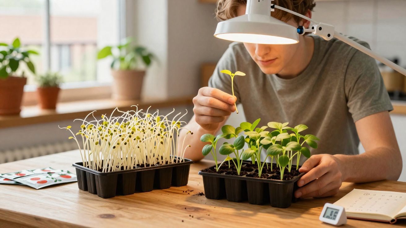 Pessoa jovem cuidando de mudas em potes pretos sobre mesa com janela e plantas ao fundo.