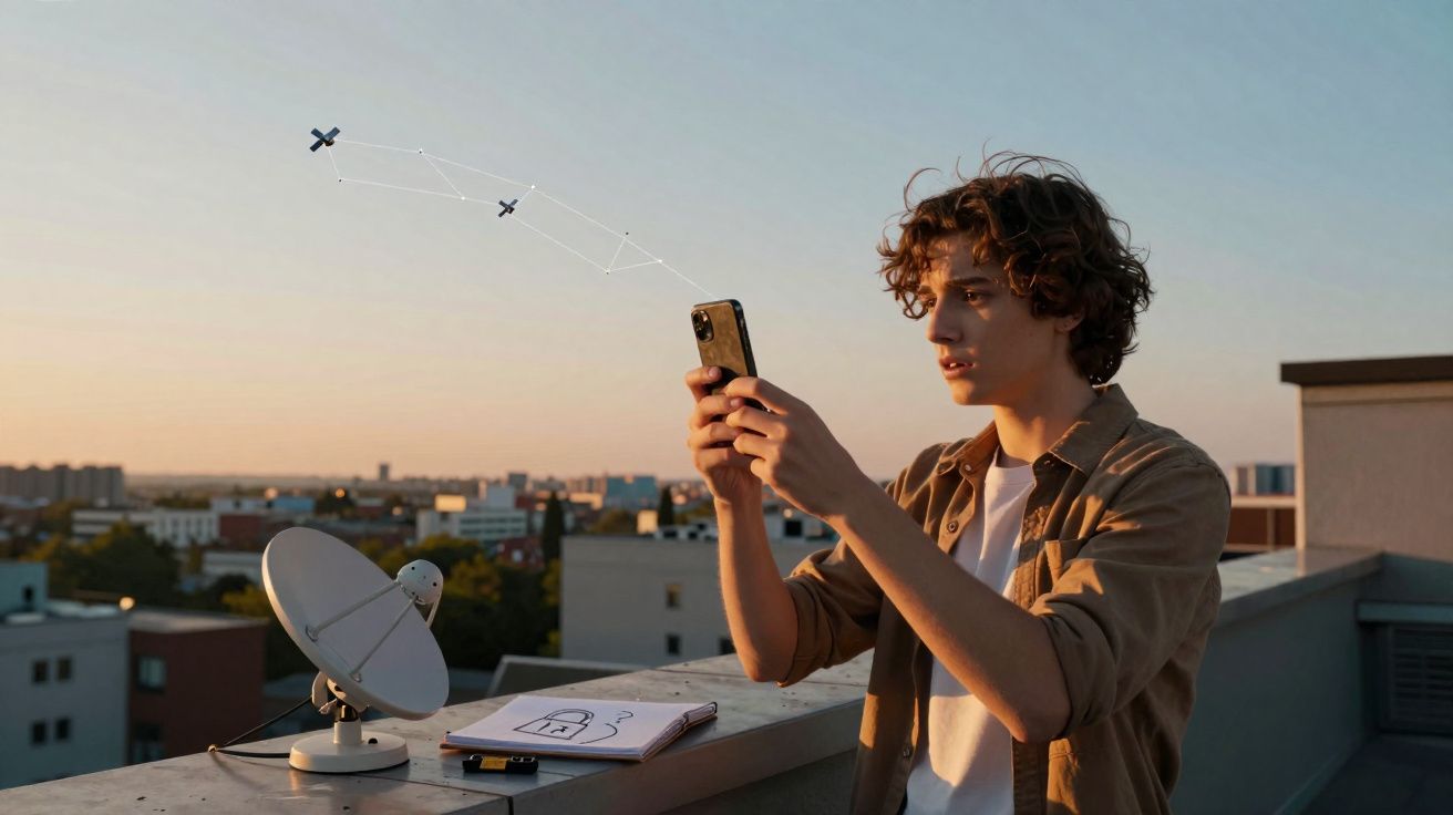 Jovem em terraço ao entardecer usando celular com antena parabólica e desenho de invento sobre superfície.