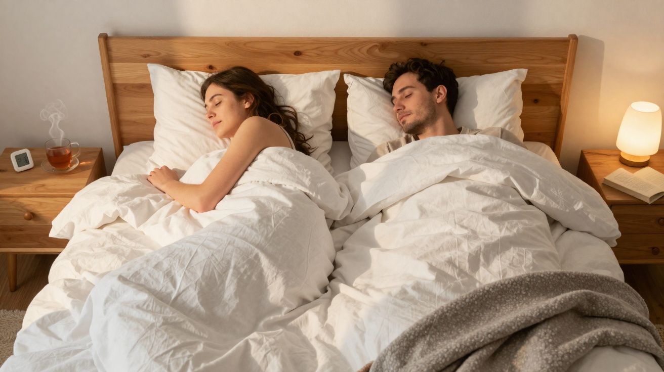 Casal dormindo lado a lado em cama de madeira com roupa de cama branca, luz amarela suave no quarto.