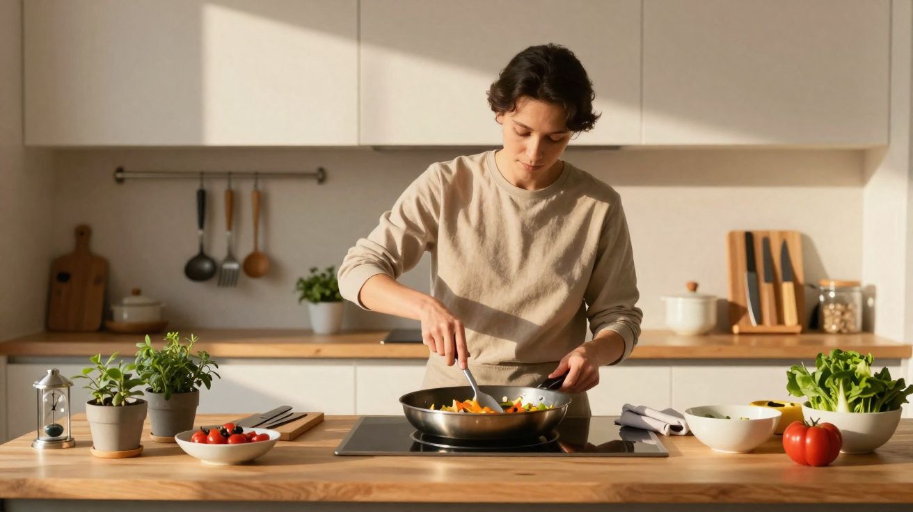 Pessoa cozinhando legumes em frigideira numa cozinha moderna iluminada pelo sol da manhã.