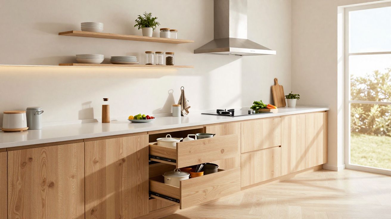 Cozinha moderna minimalista com armários de madeira clara, bancada branca, prateleiras com utensílios e janela ampla.