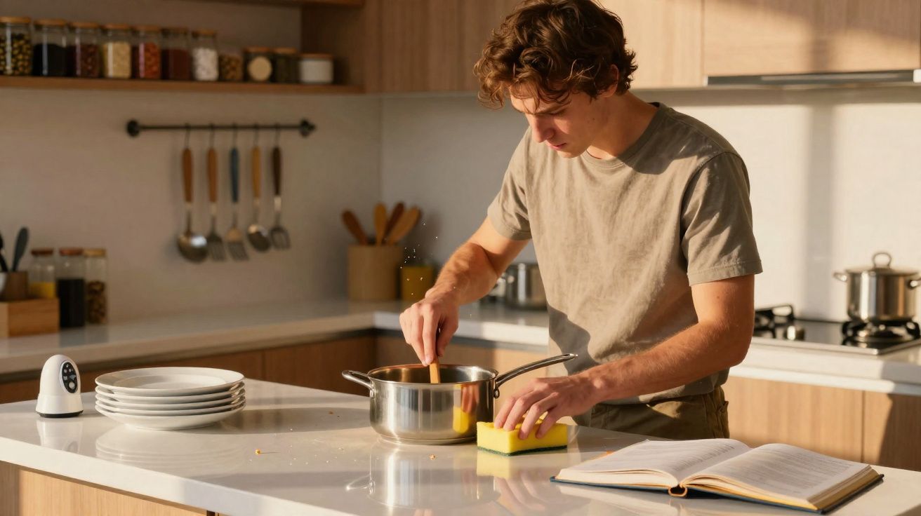 Jovem homem cozinhando e mexendo panela enquanto consulta receita em livro aberto na cozinha moderna.