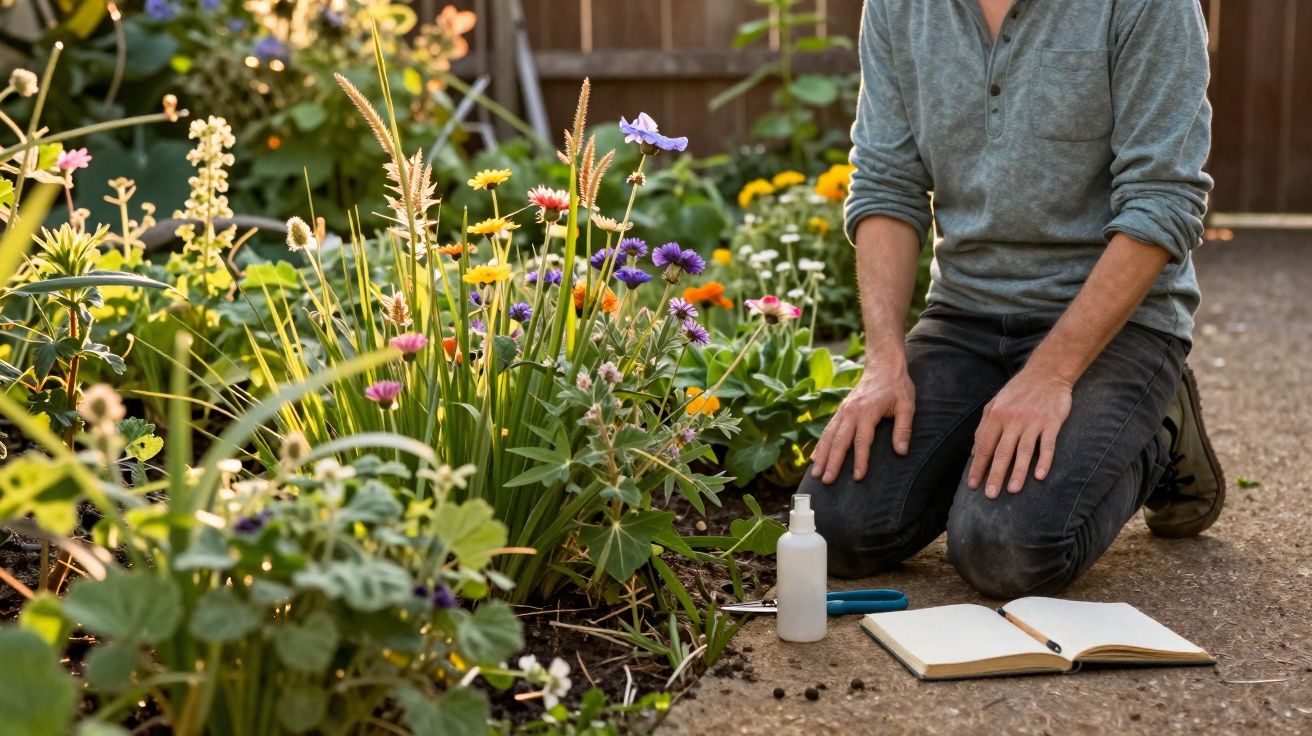 Pessoa ajoelhada cuidando de flores em jardim, com caderno aberto e frasco ao lado, em dia ensolarado.