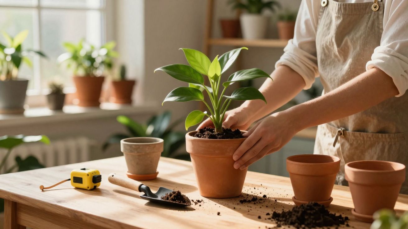 Pessoa com avental transplantando planta em vaso de barro sobre mesa de madeira com ferramentas de jardinagem.