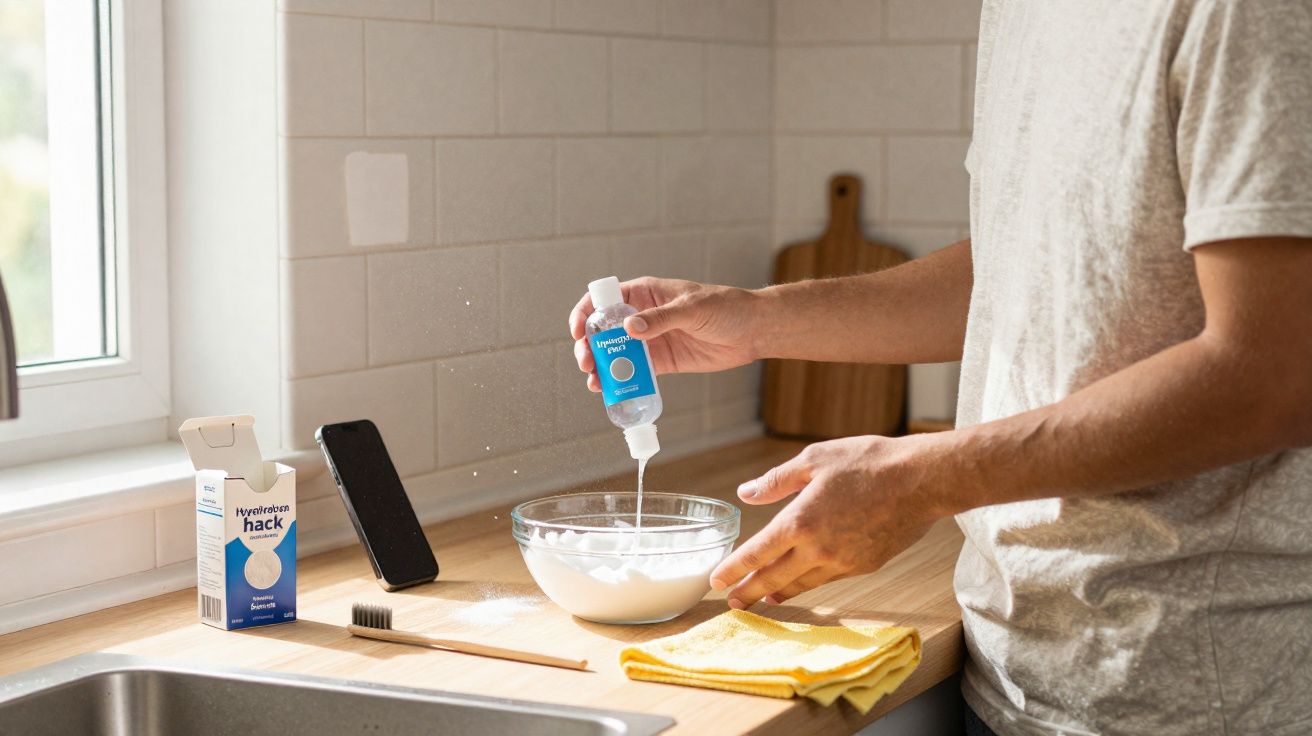 Pessoa misturando líquido em pó branco dentro de uma tigela em uma cozinha iluminada.