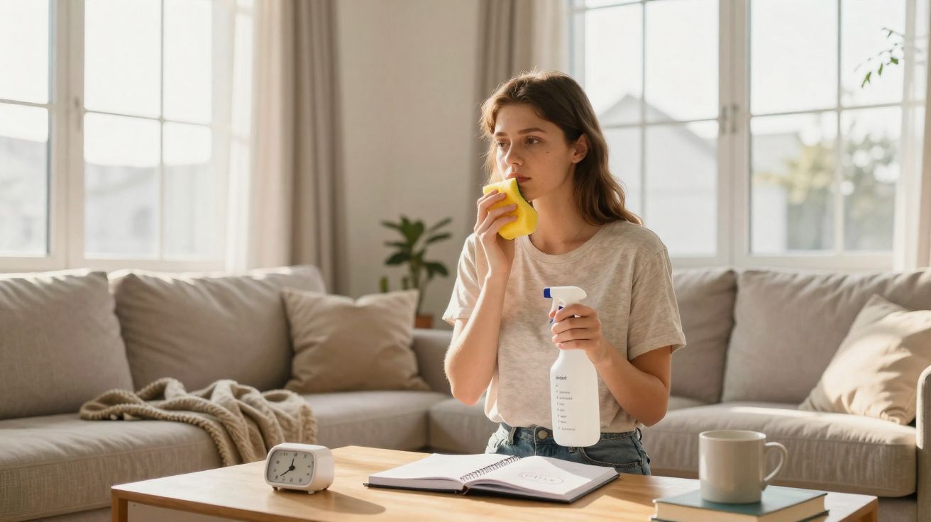 Mulher analisando cheiro de pano amarelo com borrifador na mão em sala com sofá e mesa de centro.
